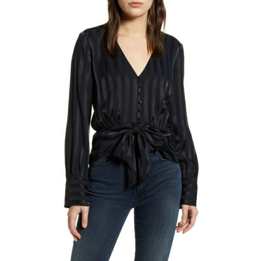 Chelsea28 Tie V Neck Button Down Up Front Blouse